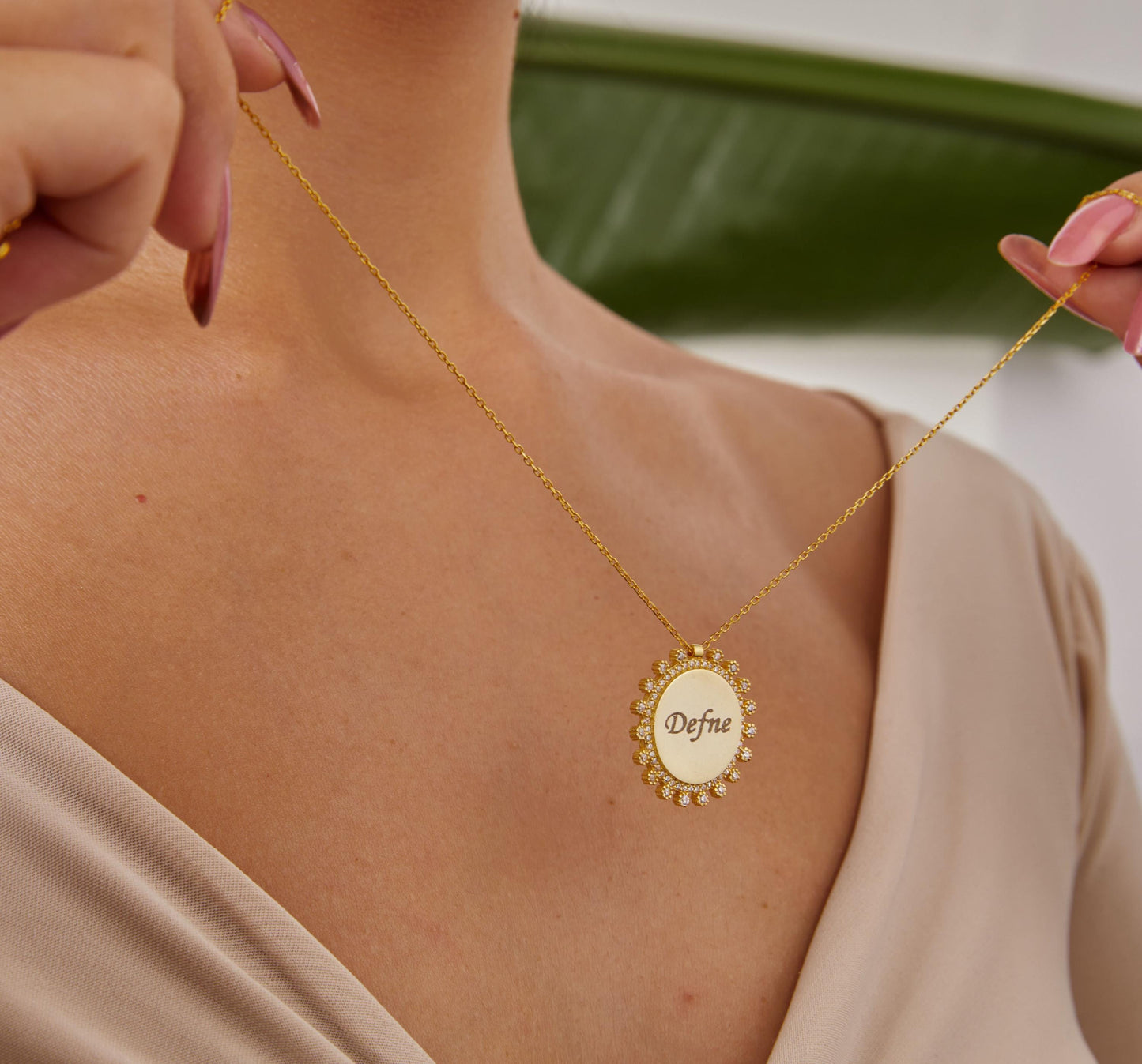 Gold Circle Stone Plate Name Necklace, Diamond Name Jewelry, 14K Gold Name Pendant, Zircon Circle Necklace, Unique Christmas Gift For Wife-1782365268