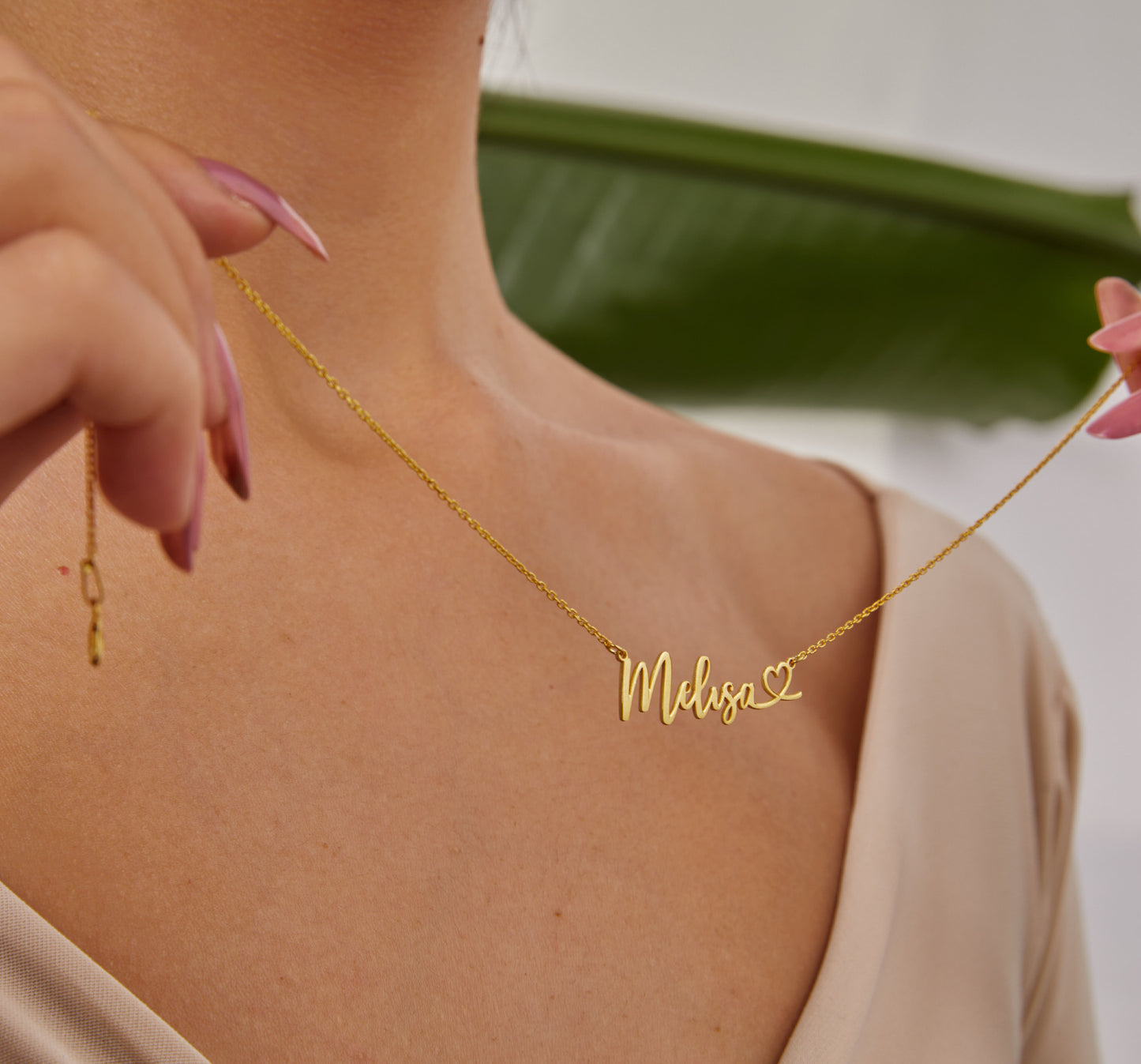 Gold Heart and Name Jewelry, Custom Name Plate, 14K Gold Handwritten Name Necklace, Personalized Love Jewelry, Christmas Gifts For Mother-1782358224