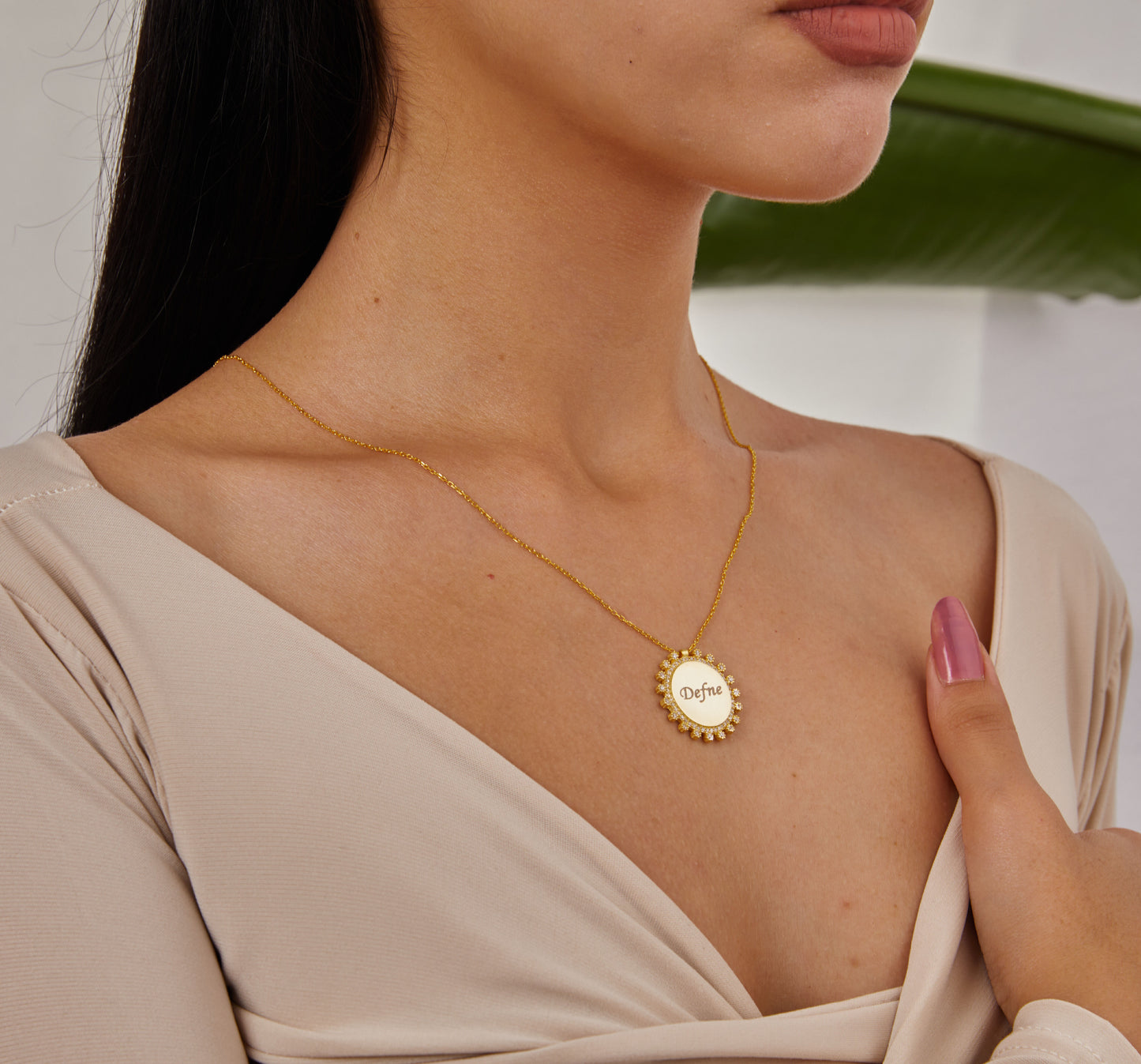 Gold Circle Stone Plate Name Necklace, Diamond Name Jewelry, 14K Gold Name Pendant, Zircon Circle Necklace, Unique Christmas Gift For Wife-1782365268