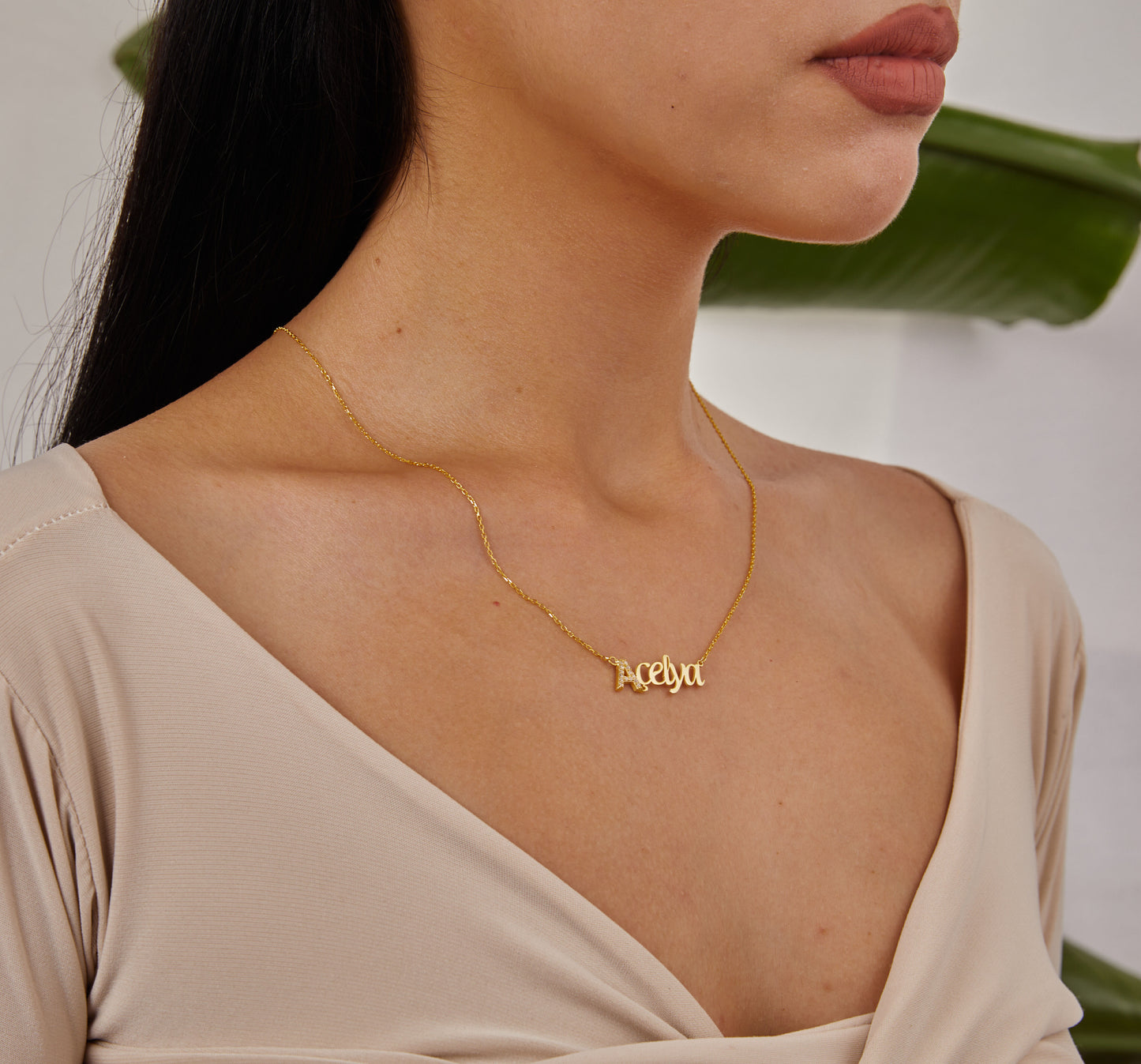 Gold Name Necklace, Personalized Jewelry, First Letter With Stone Pendant, Horizontal Name Pendant, Dainty Jewelry, Christmas Gifts For Her-1790482842