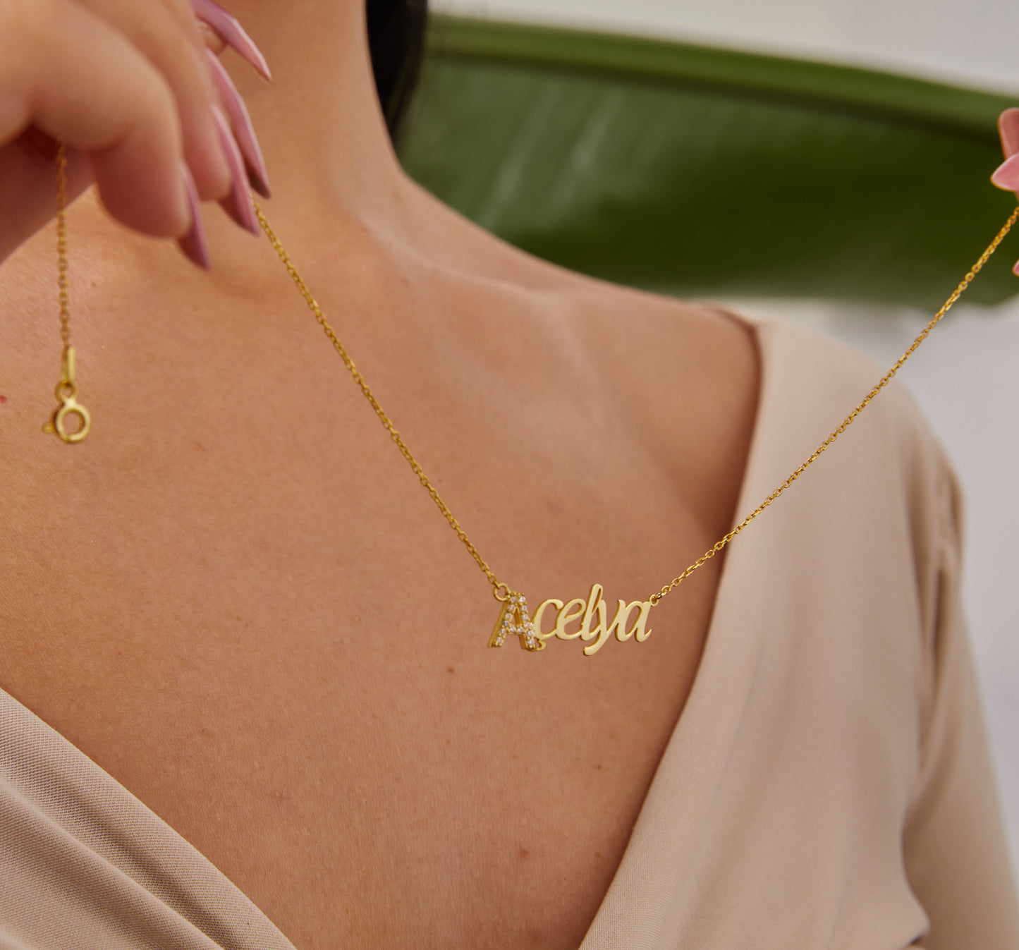 Gold Name Necklace, Personalized Jewelry, First Letter With Stone Pendant, Horizontal Name Pendant, Dainty Jewelry, Christmas Gifts For Her-1790482842