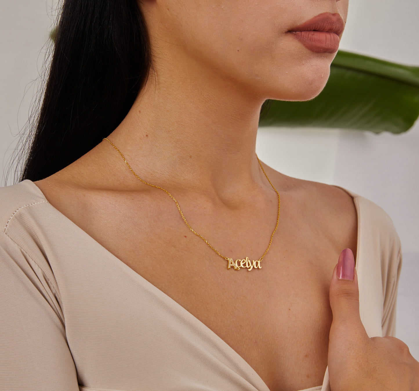 Gold Name Necklace, Personalized Jewelry, First Letter With Stone Pendant, Horizontal Name Pendant, Dainty Jewelry, Christmas Gifts For Her-1790482842
