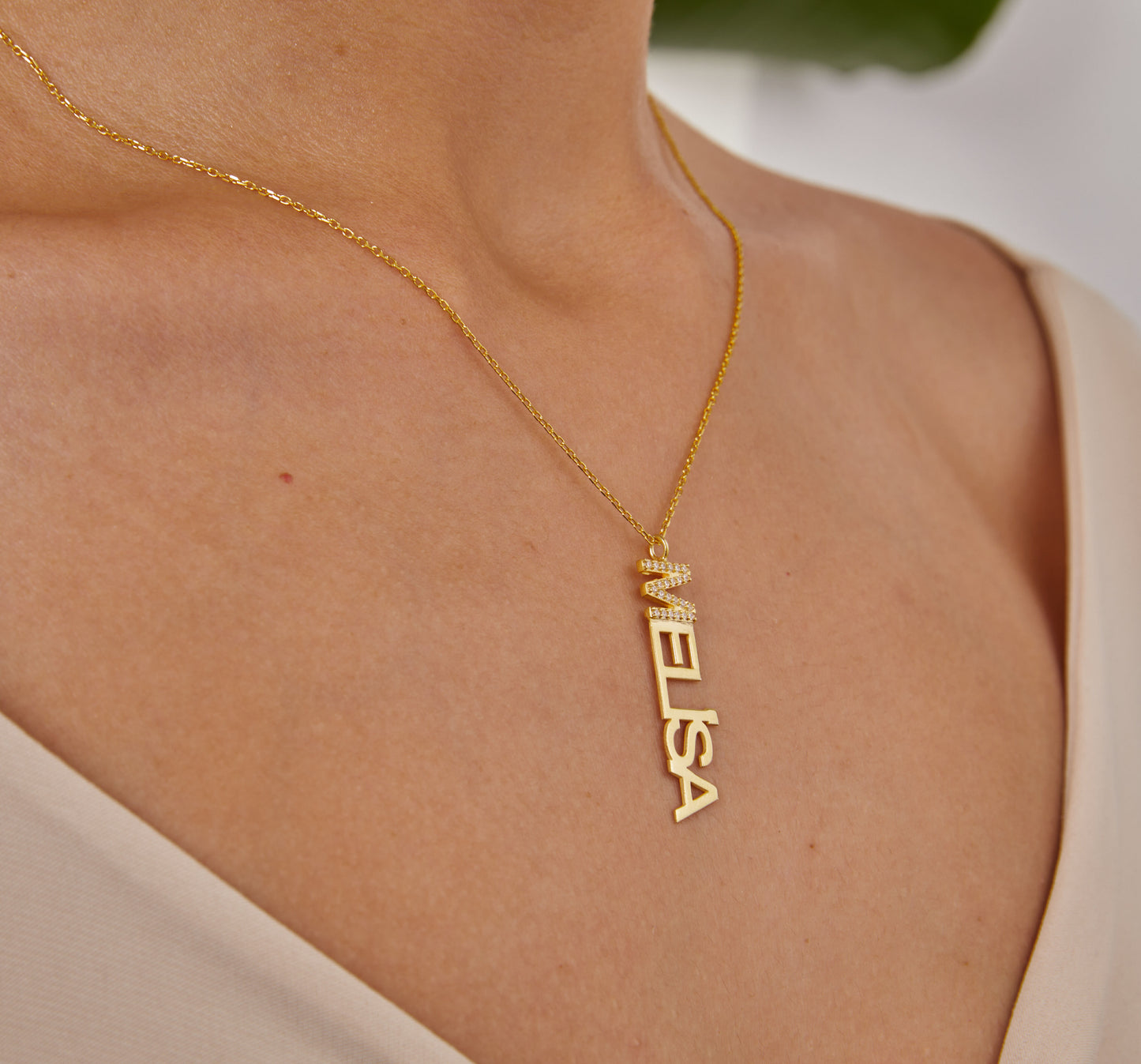 14K Gold Vertical Name Necklace, Stone Initial Name Pendant, Personalized Jewelry, Custom Dainty Necklace Unique Christmas Gift For Women-1796531181