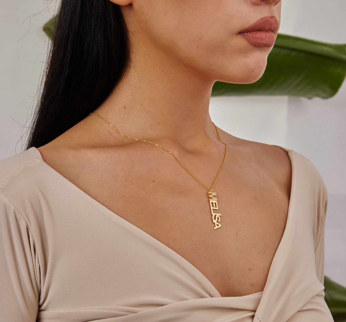 14K Gold Vertical Name Necklace, Stone Initial Name Pendant, Personalized Jewelry, Custom Dainty Necklace Unique Christmas Gift For Women-1796531181