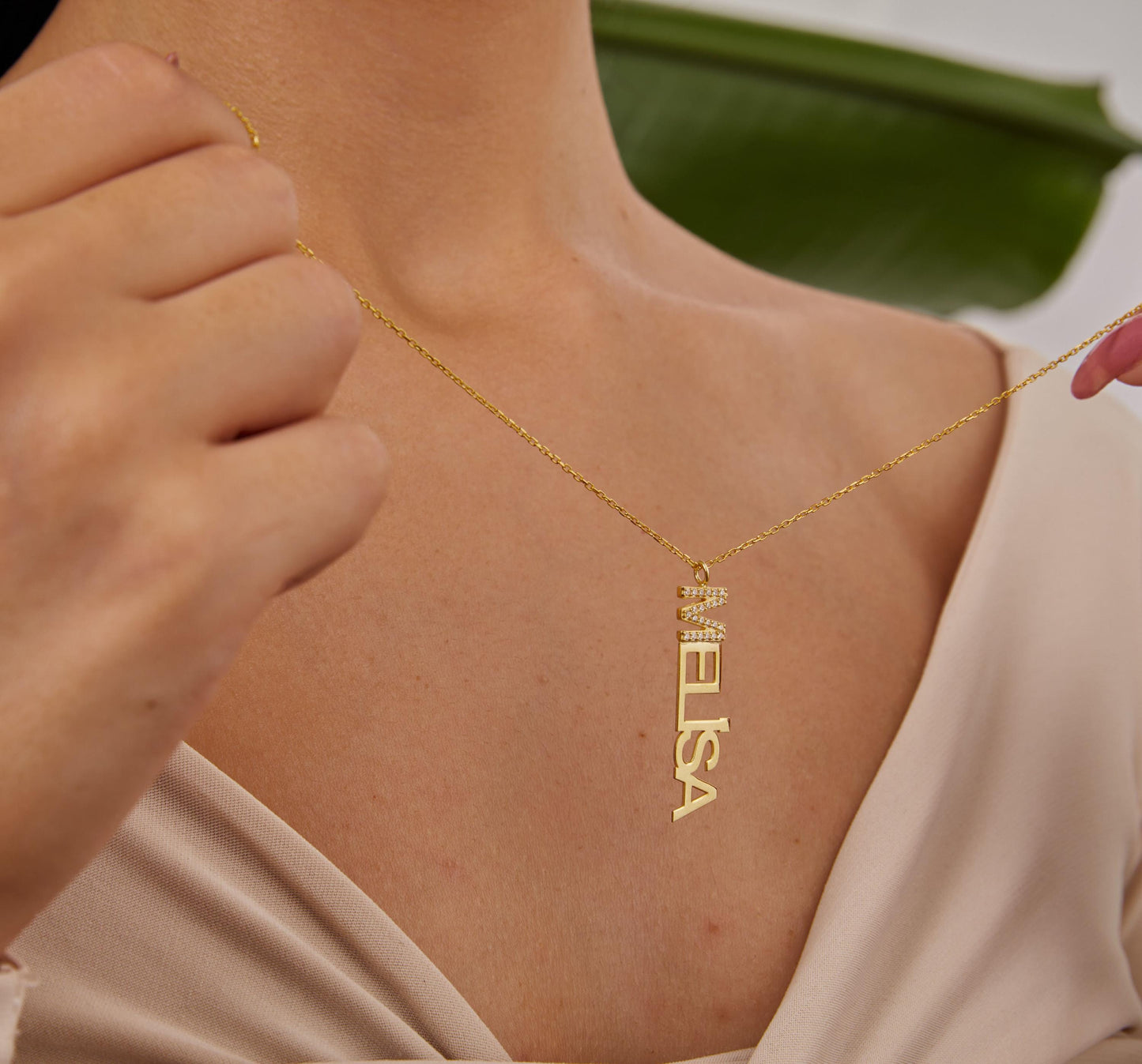14K Gold Vertical Name Necklace, Stone Initial Name Pendant, Personalized Jewelry, Custom Dainty Necklace Unique Christmas Gift For Women-1796531181