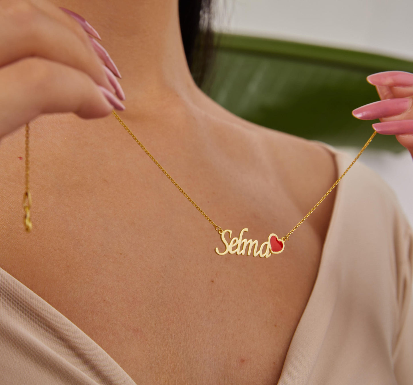 Gold Name and Red Heart Jewelry, Custom Name Necklace, Handwritten Name Plate, Red Love Necklace, 14K Gold Jewelry, Christmas Gifts For Her-1798980635