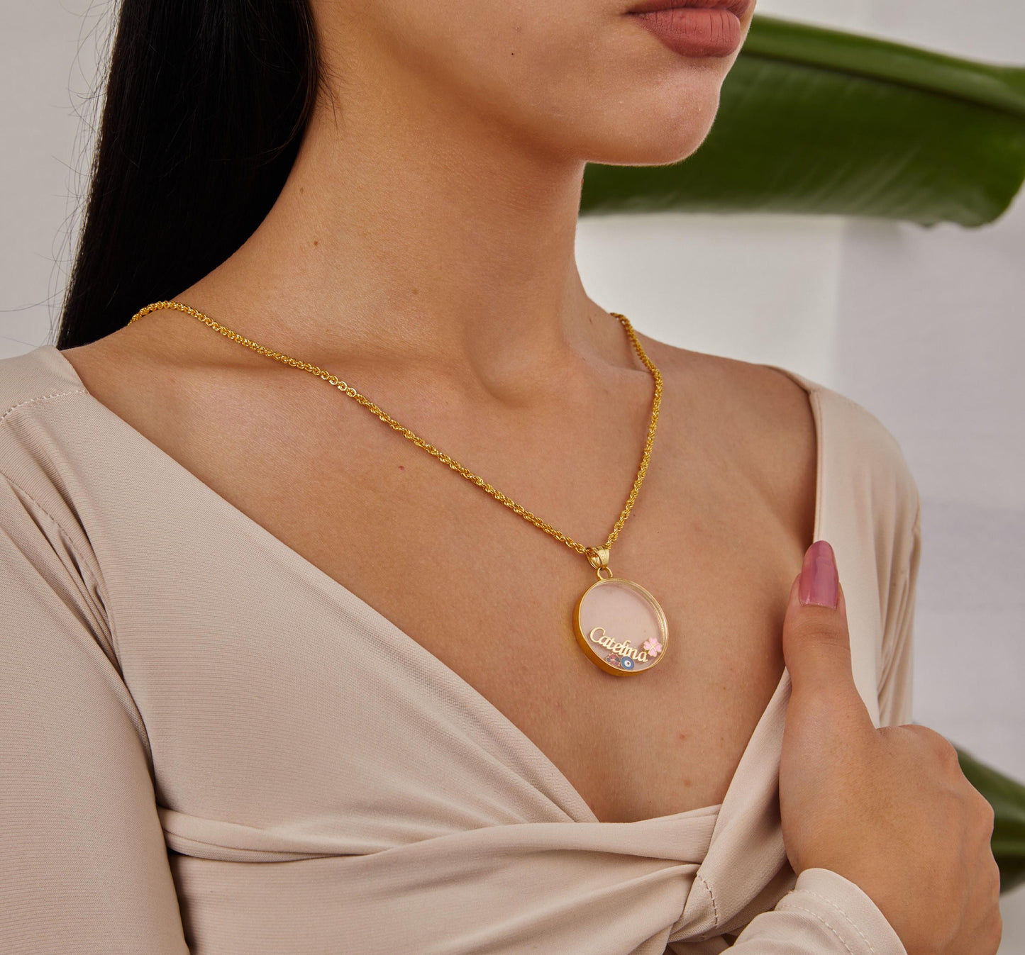 Gold Custom Circle Lucky Name Necklace, Clover and Ladybird Pendant, Flower Necklace, Evil Eye Plate, Personalized Christmas Gifts For Women-1790496016