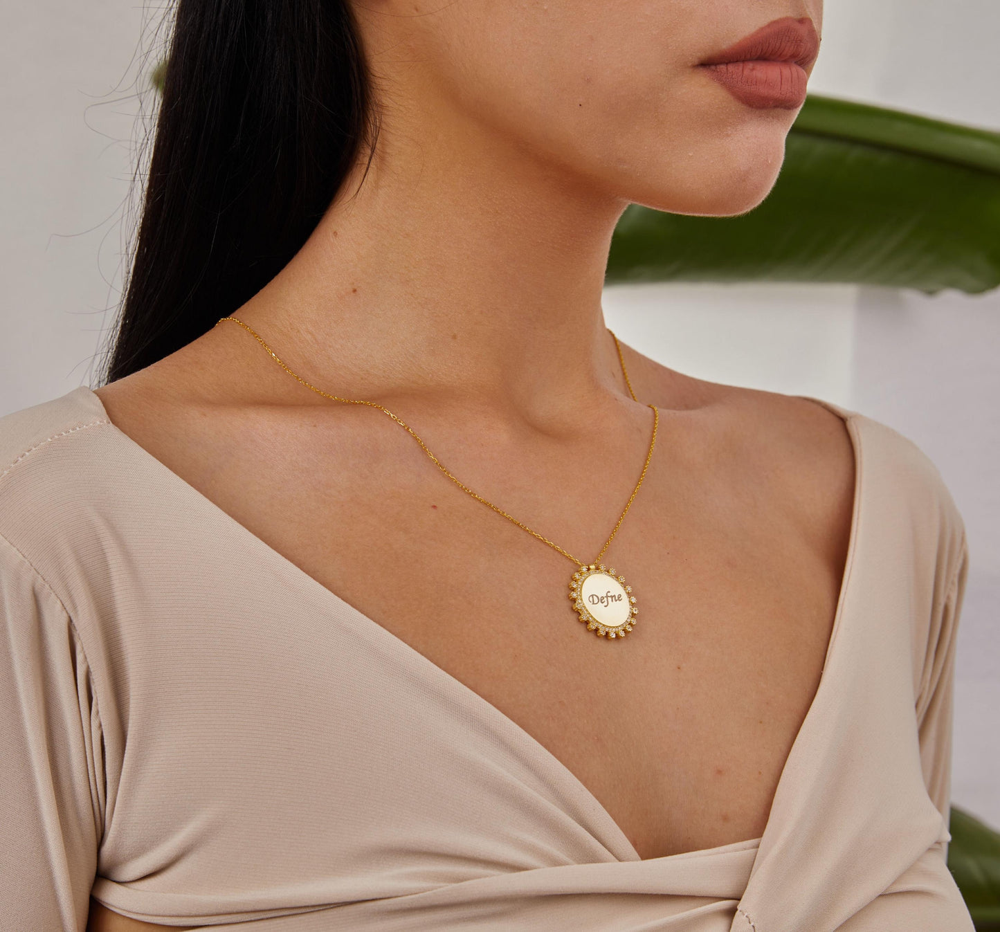 Gold Circle Stone Plate Name Necklace, Diamond Name Jewelry, 14K Gold Name Pendant, Zircon Circle Necklace, Unique Christmas Gift For Wife-1782365268