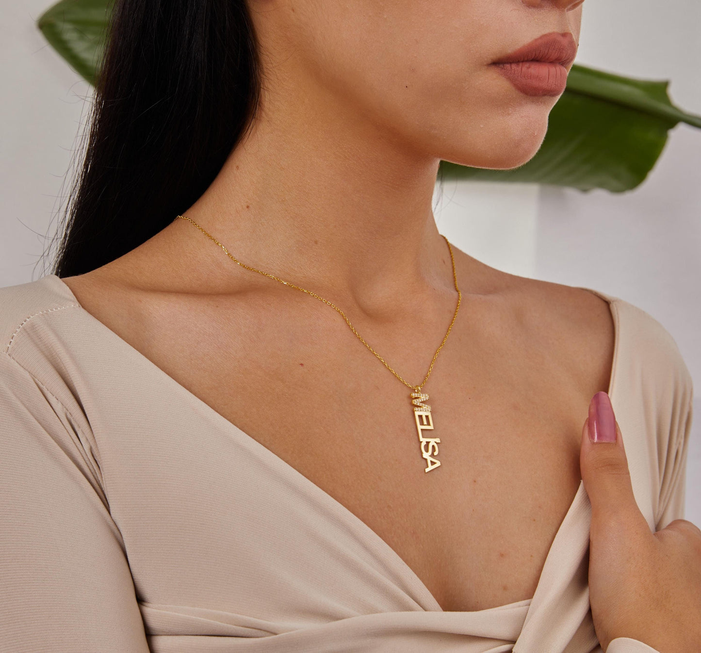 14K Gold Vertical Name Necklace, Stone Initial Name Pendant, Personalized Jewelry, Custom Dainty Necklace Unique Christmas Gift For Women-1796531181
