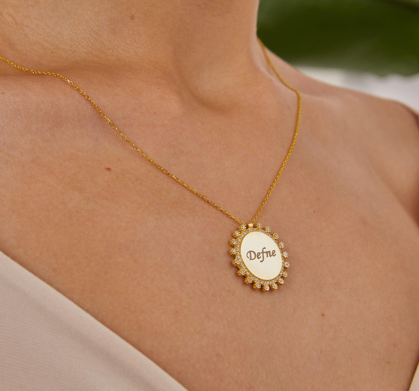 Gold Circle Stone Plate Name Necklace, Diamond Name Jewelry, 14K Gold Name Pendant, Zircon Circle Necklace, Unique Christmas Gift For Wife-1782365268