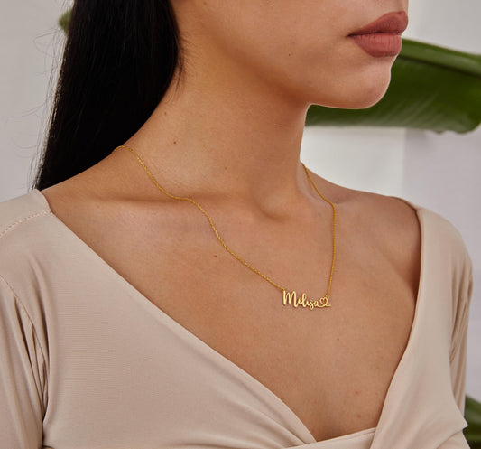 Gold Heart and Name Jewelry, Custom Name Plate, 14K Gold Handwritten Name Necklace, Personalized Love Jewelry, Christmas Gifts For Mother-1782358224