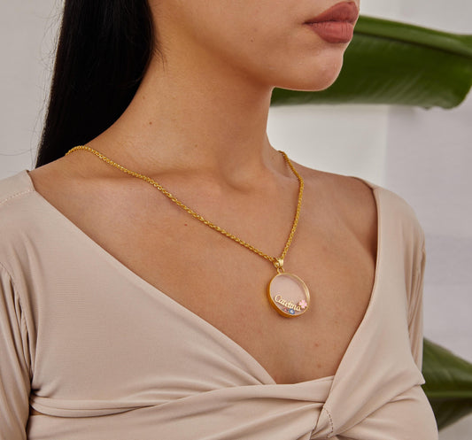 Gold Custom Circle Lucky Name Necklace, Clover and Ladybird Pendant, Flower Necklace, Evil Eye Plate, Personalized Christmas Gifts For Women-1790496016