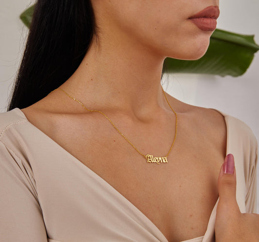 14K Solid Gold Name Necklace, Personalized Jewelry, Custom Necklace, Real Gold Name Plate, Old English Name Pendant, Christmas Gifts For Her-1804690525