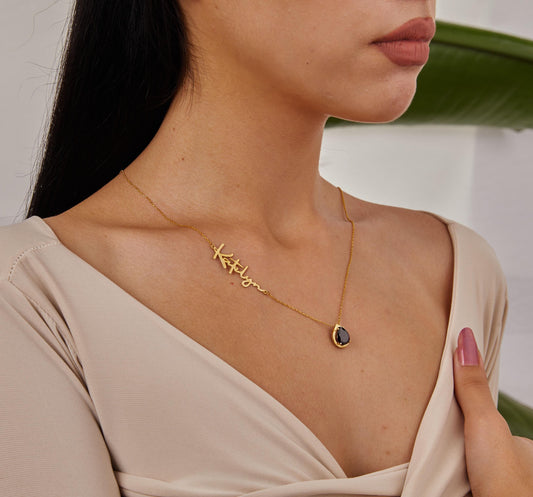 Gold Name Jewelry, Birthstone Pendant, Custom Birth Month Necklace, Gemstone 14K Gold Jewelry, Handmade Gifts, Christmas Gift For Women-1782833688