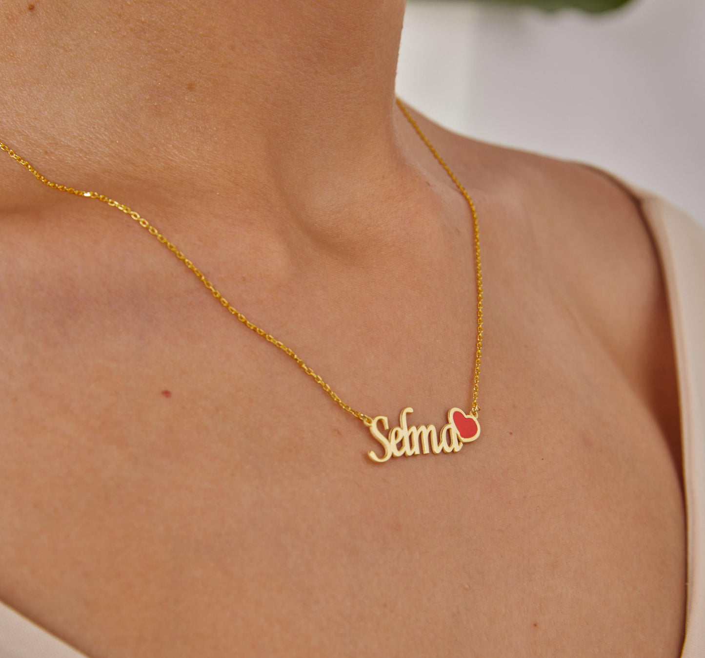 Gold Name and Red Heart Jewelry, Custom Name Necklace, Handwritten Name Plate, Red Love Necklace, 14K Gold Jewelry, Christmas Gifts For Her-1798980635