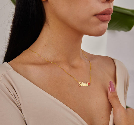 Gold Name and Red Heart Jewelry, Custom Name Necklace, Handwritten Name Plate, Red Love Necklace, 14K Gold Jewelry, Christmas Gifts For Her-1798980635