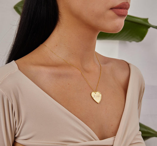 Gold Heart Plate Name Necklace, Engraved Name Pendant, Custom Name Jewelry, 14K Gold Heart Necklace, Personalized Christmas Gifts For Her-1797030001