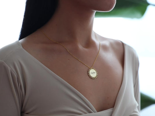 Gold Circle Stone Plate Name Necklace, Diamond Name Jewelry, 14K Gold Name Pendant, Zircon Circle Necklace, Unique Christmas Gift For Wife-1782365268