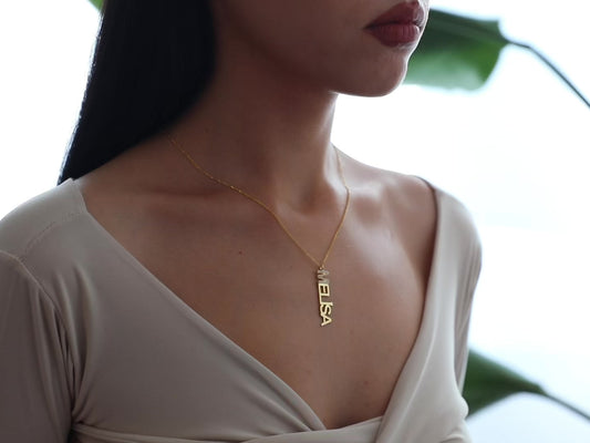 14K Gold Vertical Name Necklace, Stone Initial Name Pendant, Personalized Jewelry, Custom Dainty Necklace Unique Christmas Gift For Women-1796531181