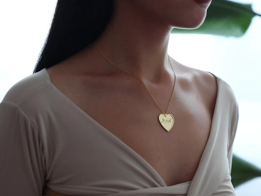 Gold Heart Plate Name Necklace, Engraved Name Pendant, Custom Name Jewelry, 14K Gold Heart Necklace, Personalized Christmas Gifts For Her-1797030001