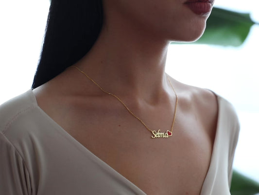 Gold Name and Red Heart Jewelry, Custom Name Necklace, Handwritten Name Plate, Red Love Necklace, 14K Gold Jewelry, Christmas Gifts For Her-1798980635